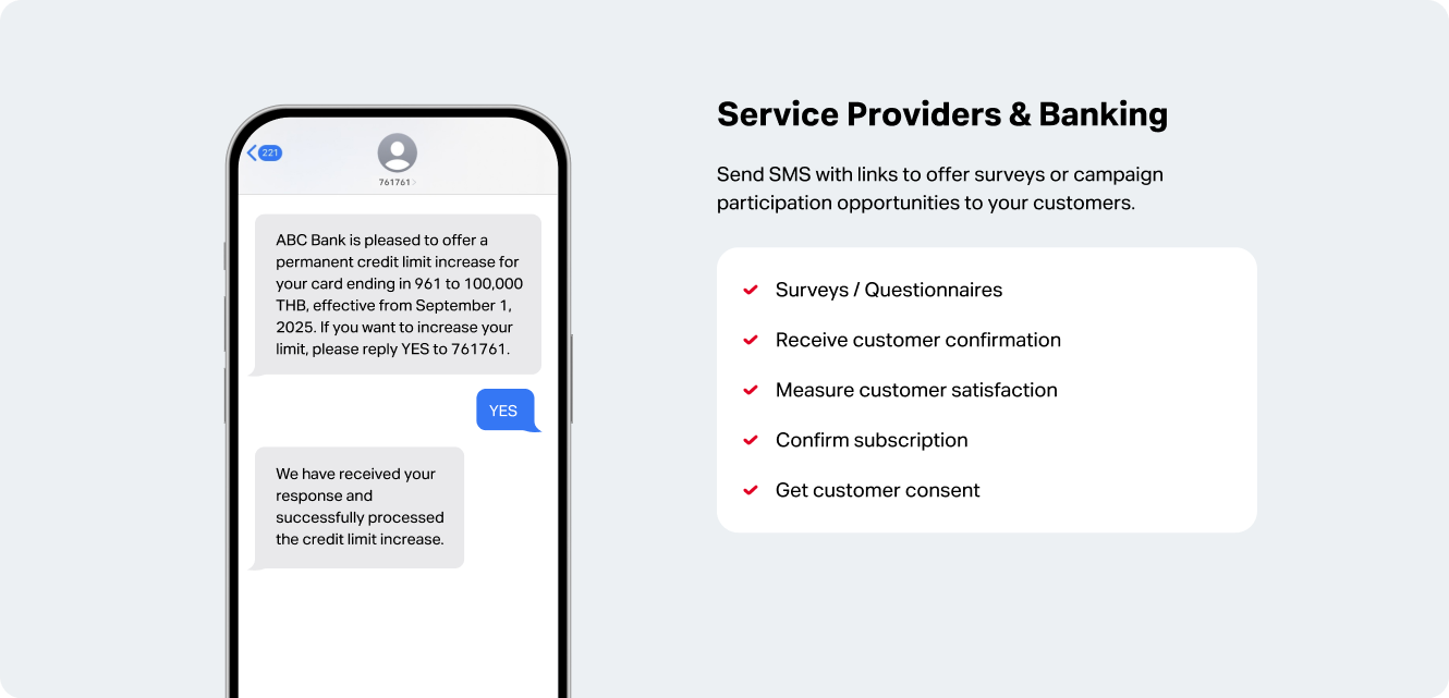 Examples of 2-Way SMS usage by Service Providers and Banking.
